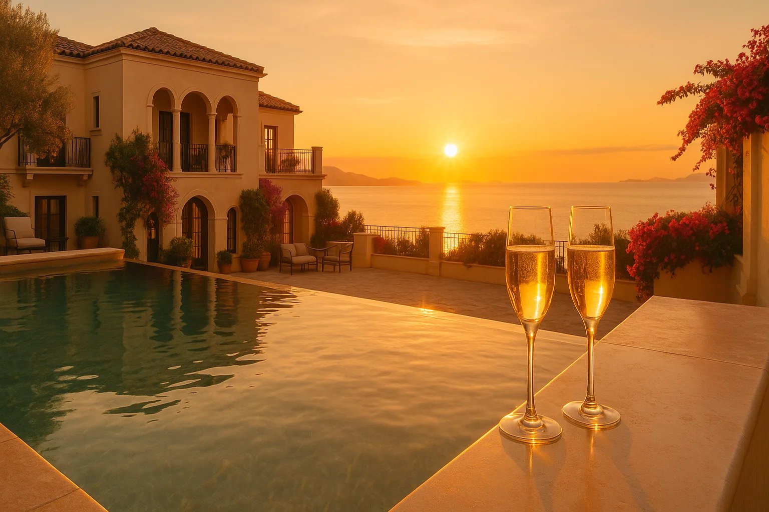 Luxury Mediterranean hotel terrace at sunset